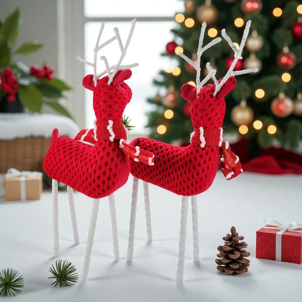 Christmas Holiday Santa's Reindeer, Red Crochet/Scarf, 17 H x 7 L, Set of 2